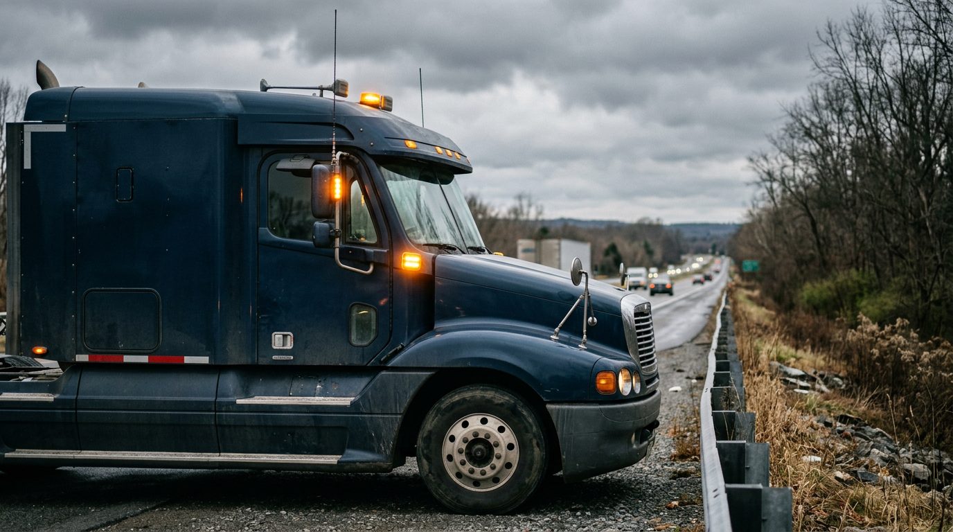 A commercial semi-truck cab parked on a rural interstate shoulder with hazard lights flashing under an overcast sky.