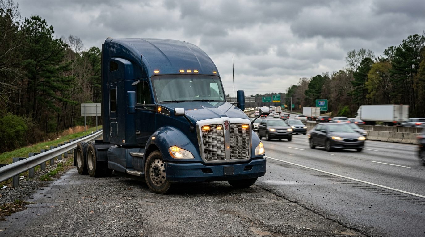 A commercial semi-truck cab parked on an interstate shoulder with hazard lights blinking under an overcast sky.