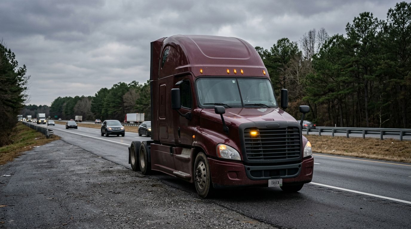 A commercial semi-truck parked on a rural interstate shoulder, hazard lights blinking under an overcast sky.