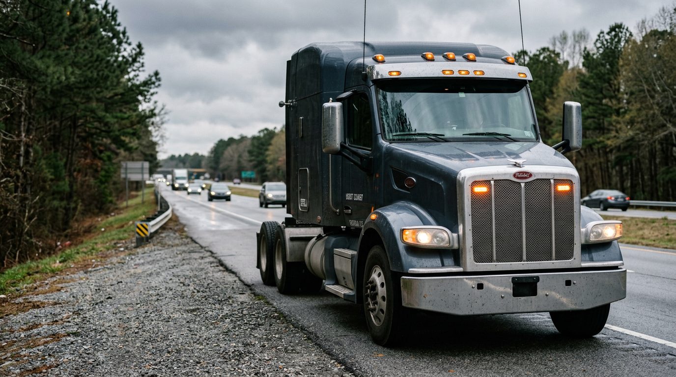 A commercial semi-truck with blinking hazard lights is parked on the shoulder of a rural interstate under an overcast sky.
