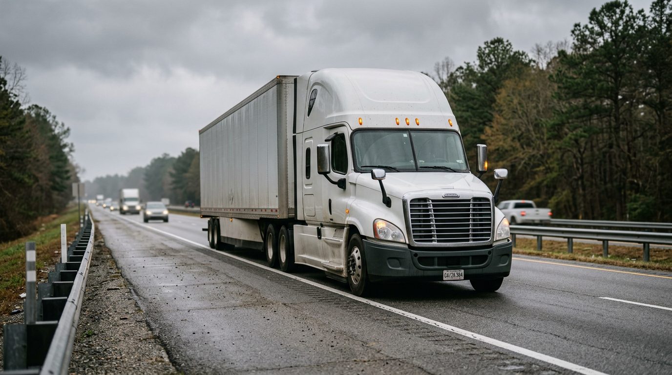 A commercial semi-truck with blinking hazard lights parked on the shoulder of a rural interstate under an overcast sky.