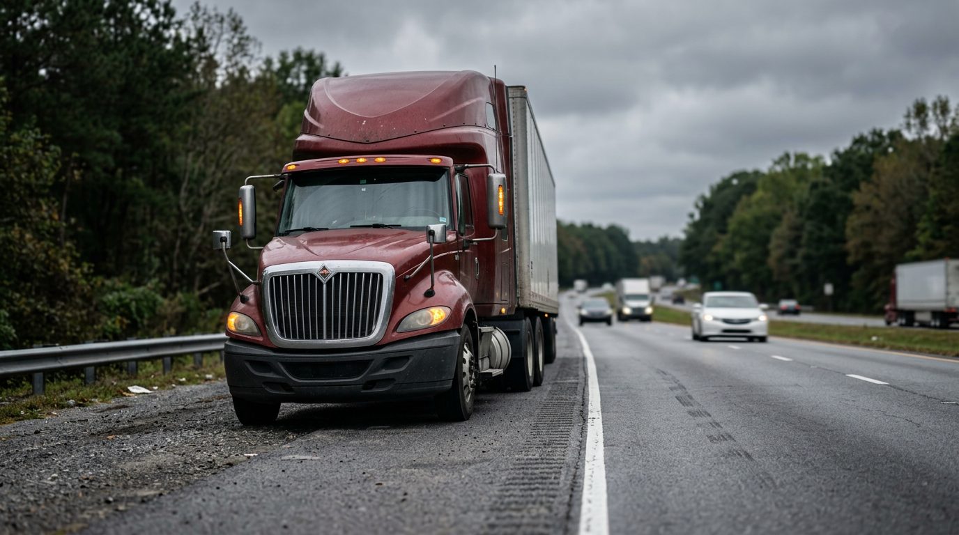 A commercial semi-truck with its hazard lights blinking on the shoulder of a rural interstate under an overcast sky.