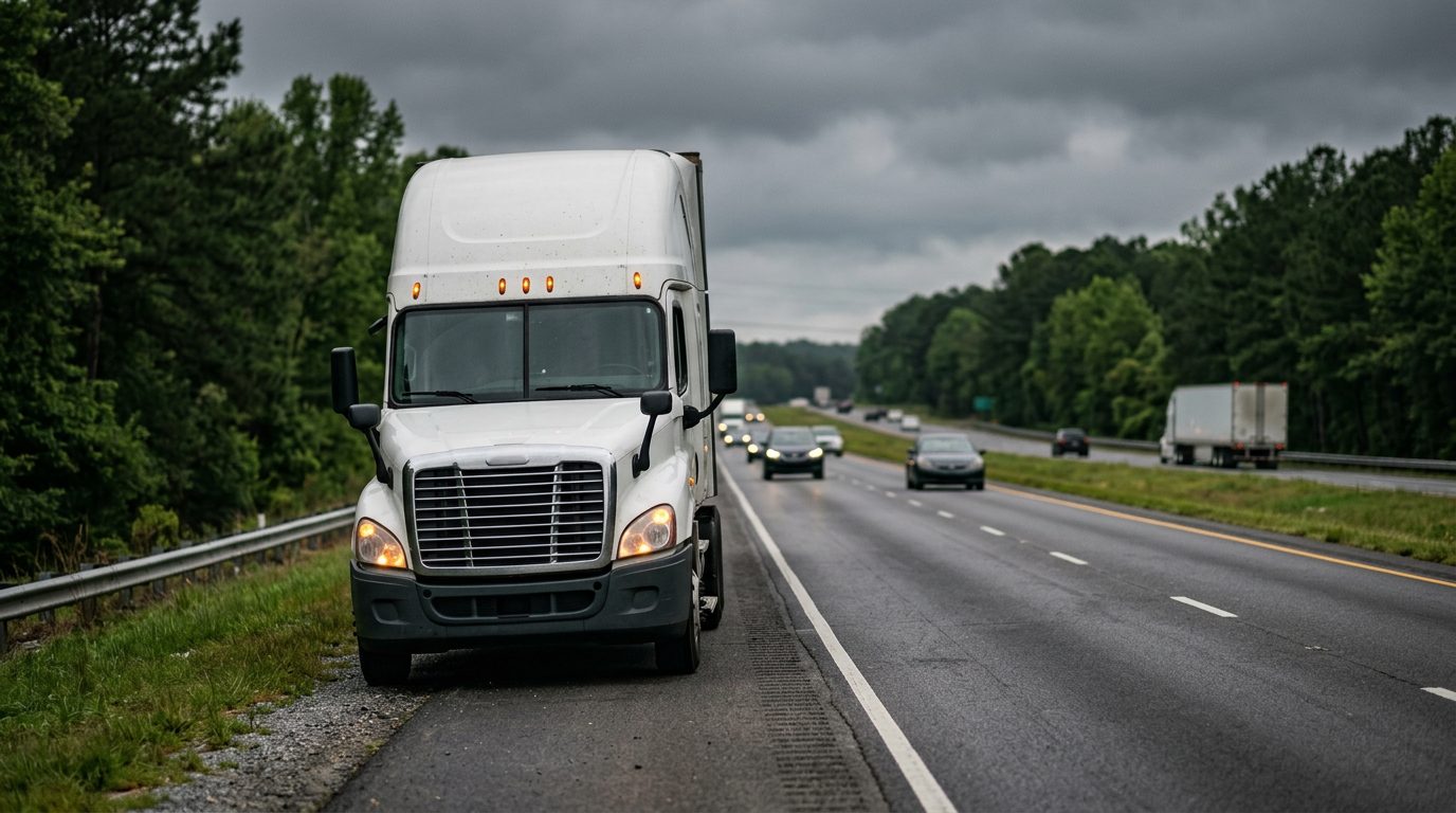 A commercial semi-truck with its hazard lights blinking, parked on the shoulder of a rural interstate under an overcast sky.