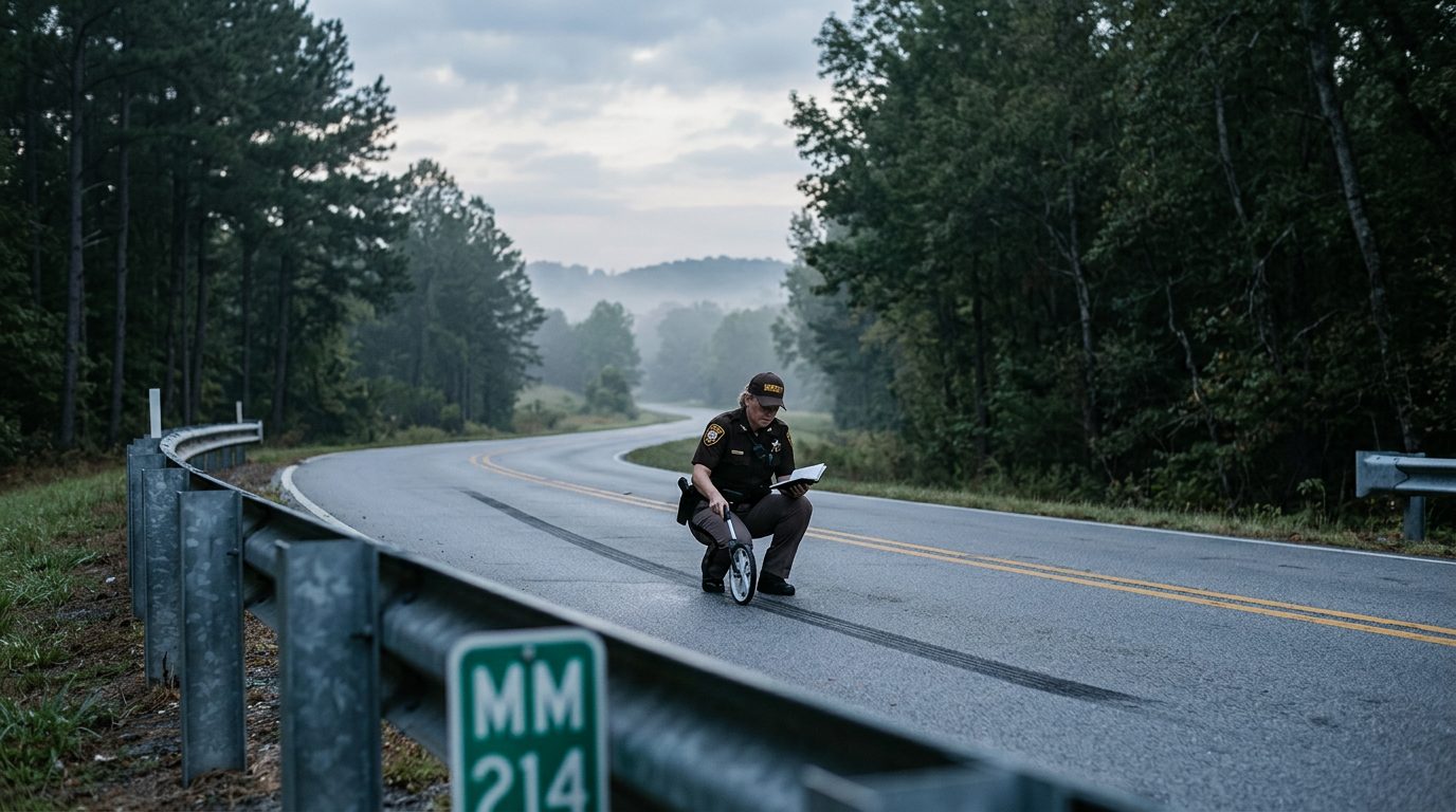 A county sheriff's deputy measures a skid mark on a rural two-lane road at dawn, with a guardrail in the foreground.