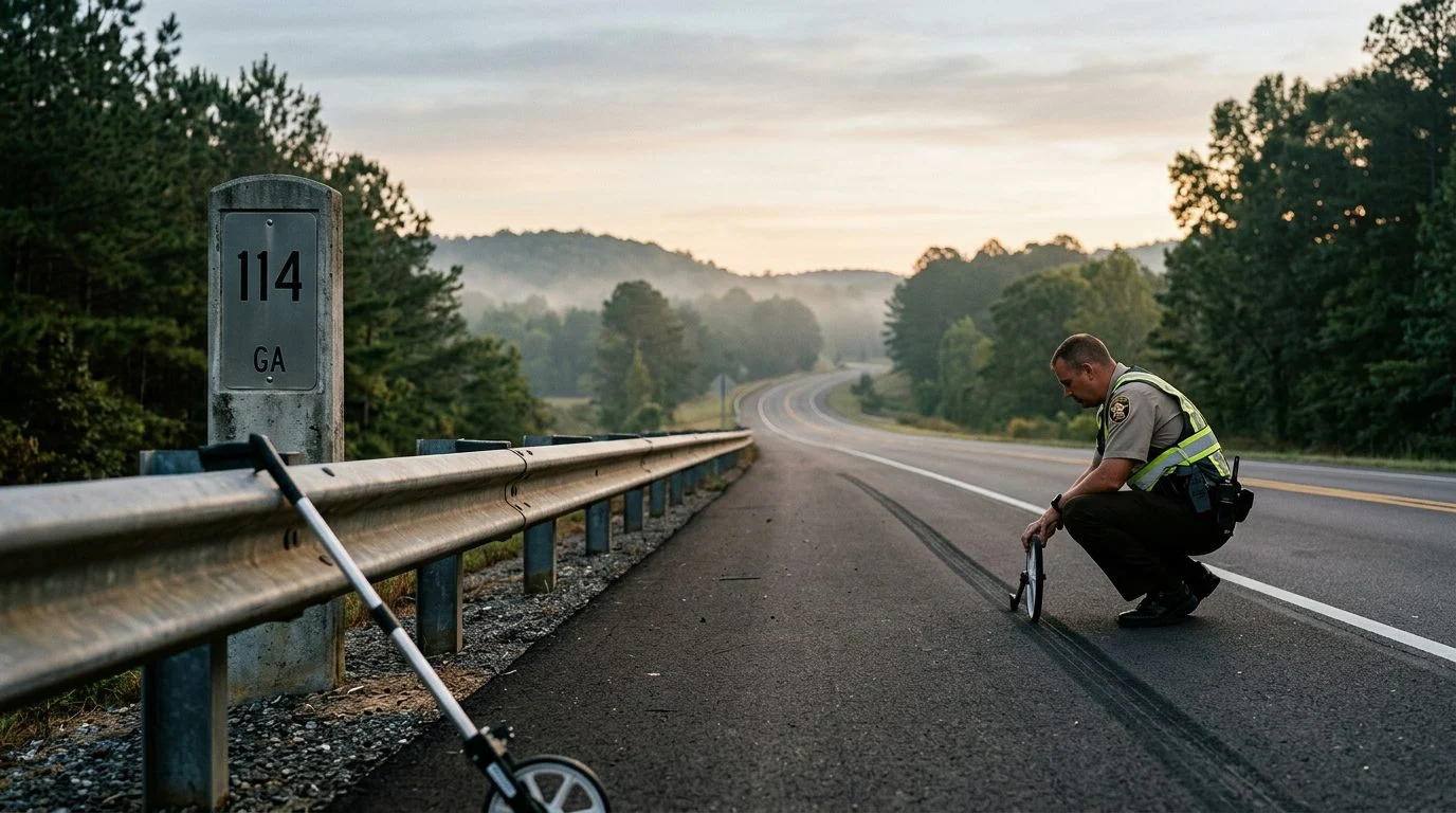 A county sheriff's deputy measures a skid mark on a rural two-lane road at dawn, beside a guardrail and mile-marker sign.