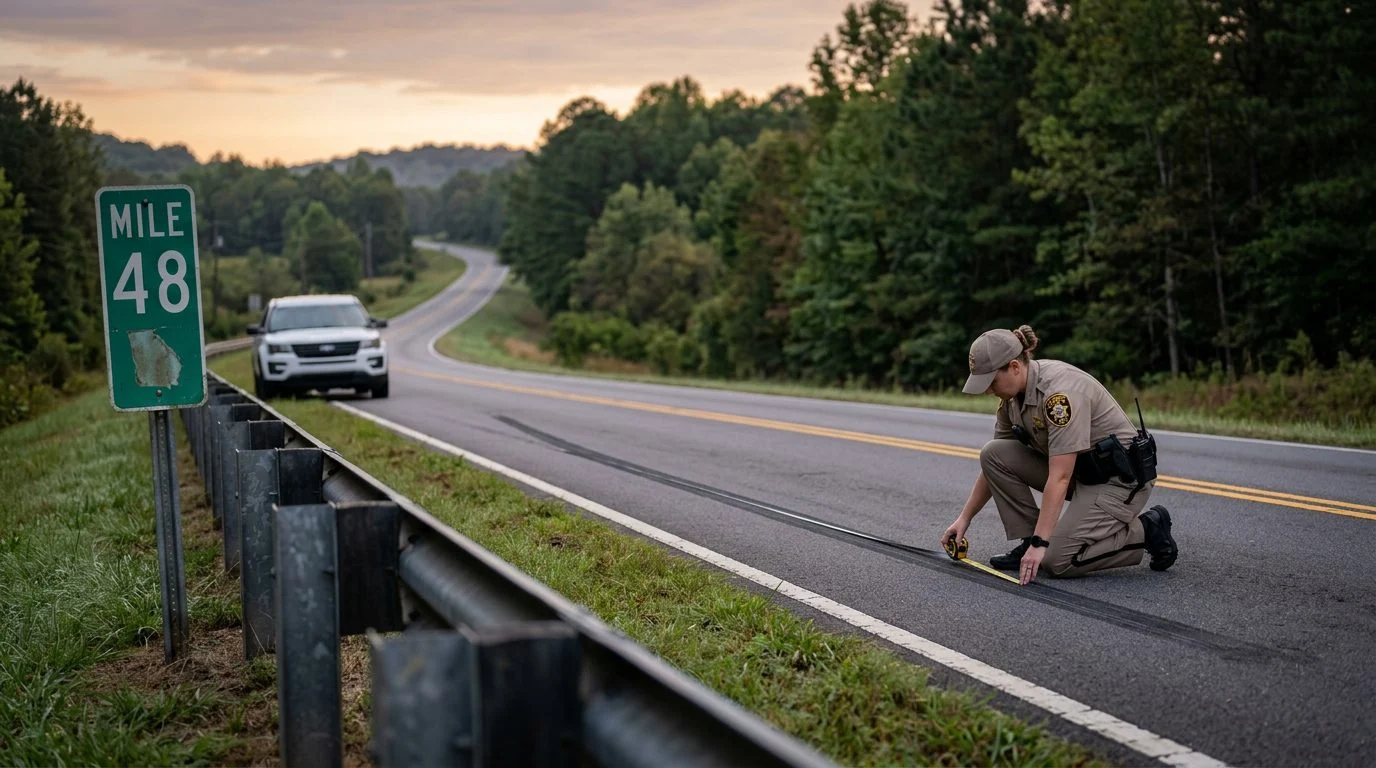 A county sheriff's deputy measures a skid mark on a rural two-lane road at dawn, beside a guardrail and mile-marker sign.