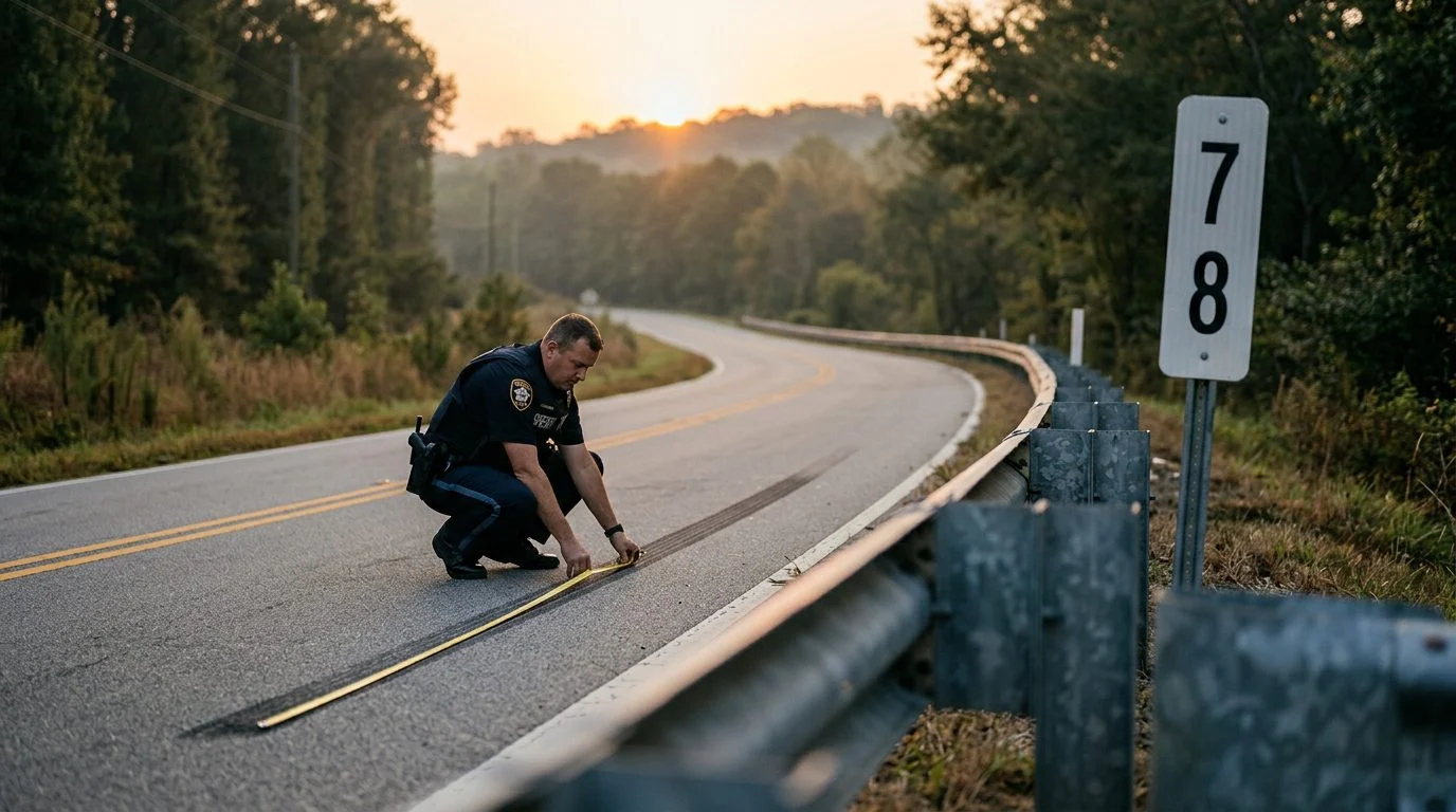 A county sheriff's deputy measures a skid mark on a rural two-lane road at dawn beside a guardrail.