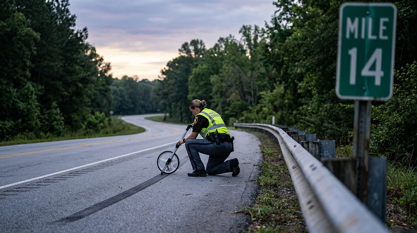 A county sheriff's deputy measures a skid mark on a rural two-lane road at dawn, with a guardrail nearby.