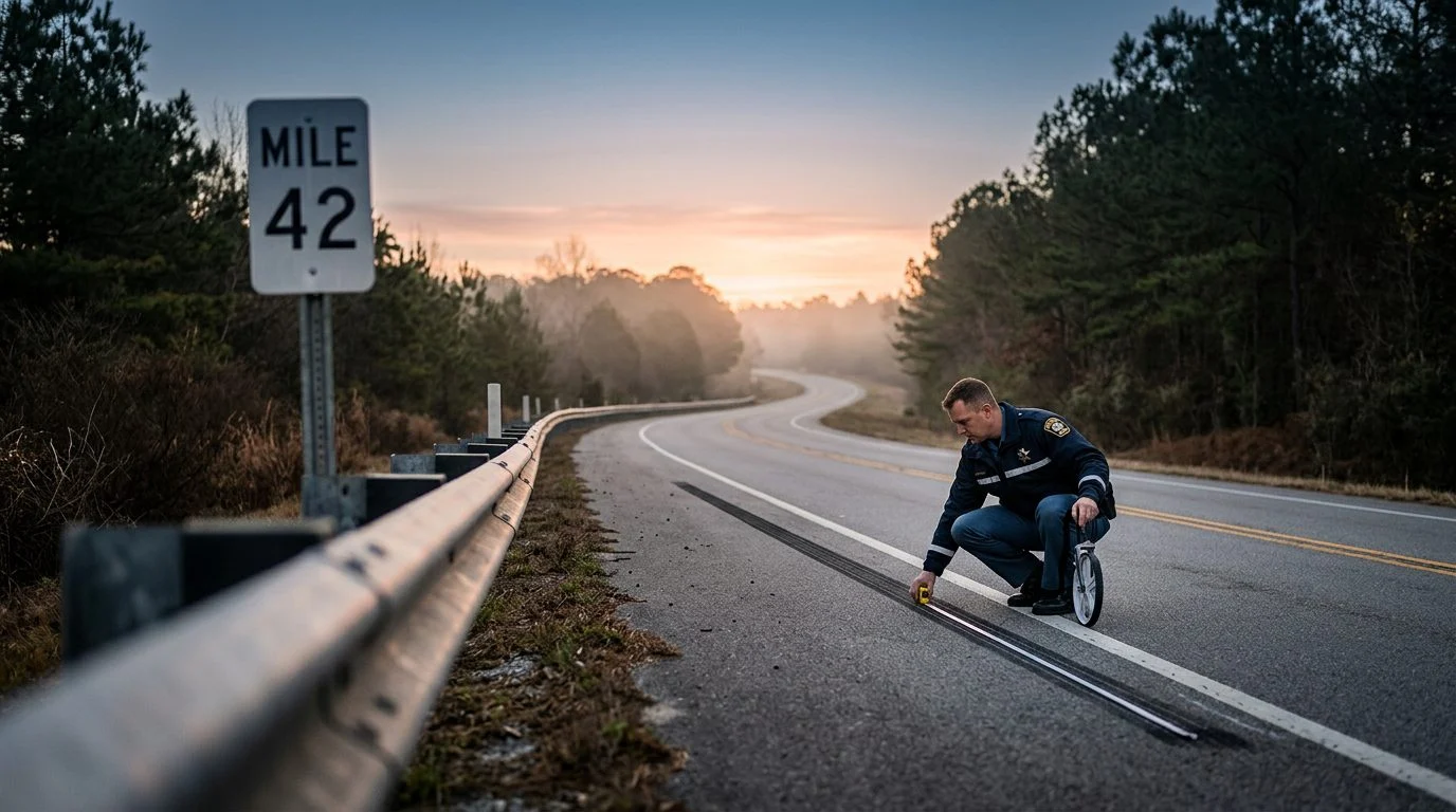 A county sheriff's deputy measures a skid mark on a rural two-lane road at dawn, with a guardrail and mile-marker sign in front.