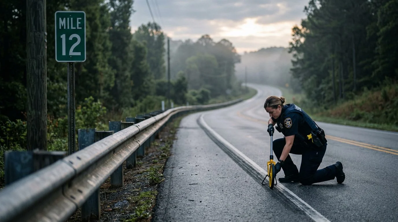 A county sheriff's deputy measures a skid mark on a rural two-lane road at dawn, beside a guardrail and mile-marker sign.