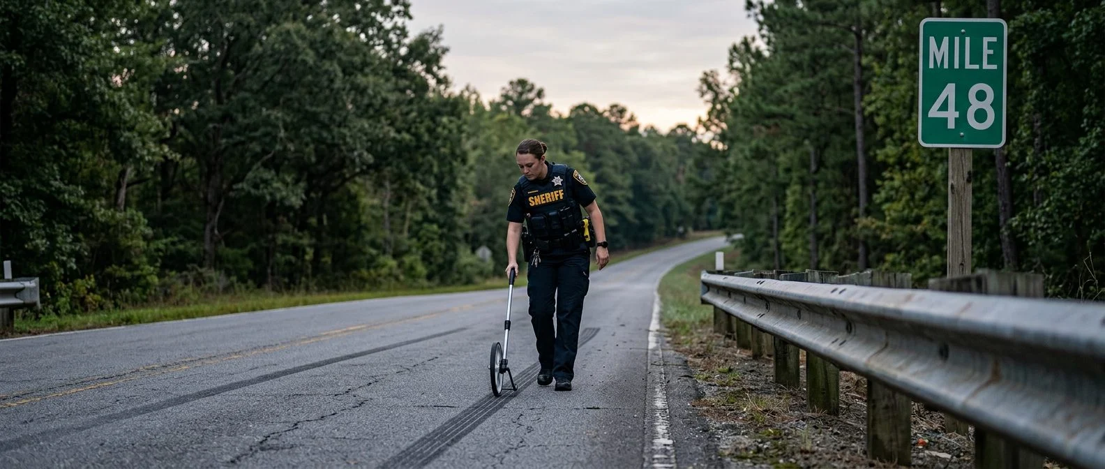 A county sheriff's deputy measures a skid mark on a rural two-lane road at dawn beside a guardrail.