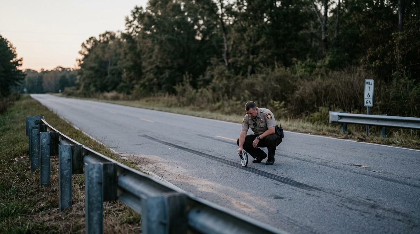 A county sheriff's deputy measures a skid mark on a rural two-lane road at dawn, with a guardrail nearby.