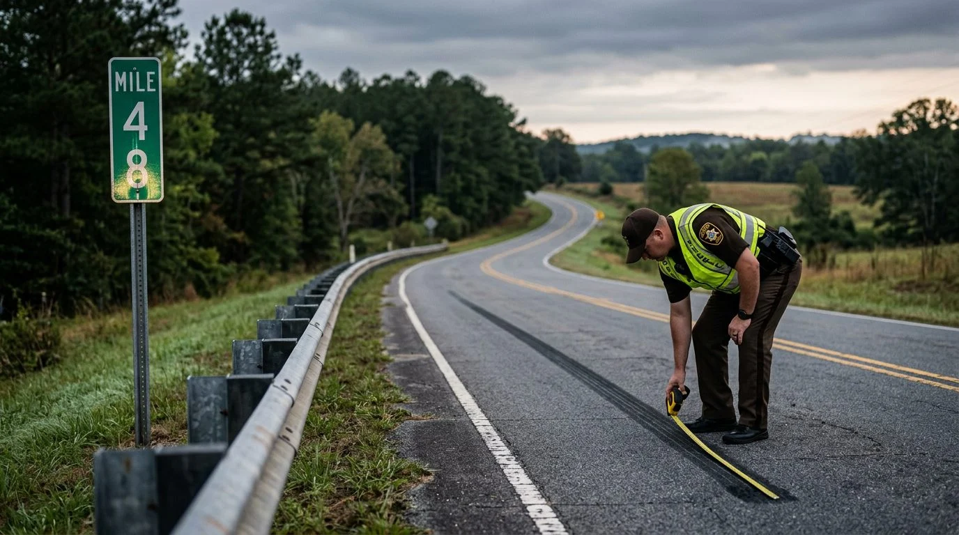 A county sheriff's deputy measures a skid mark on an empty rural two-lane road at dawn, beside a guardrail.