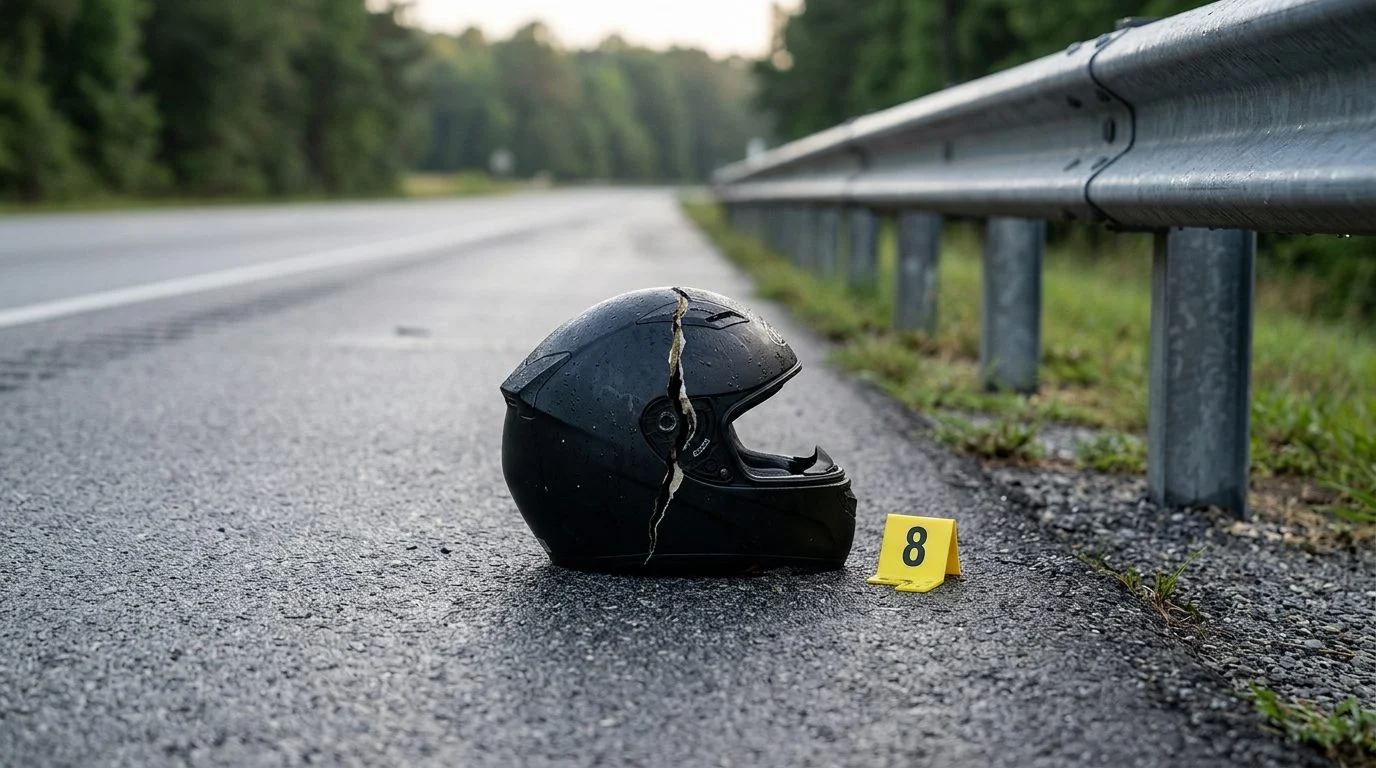 A cracked motorcycle helmet lies on a wet asphalt shoulder beside a guardrail, next to a yellow evidence marker.