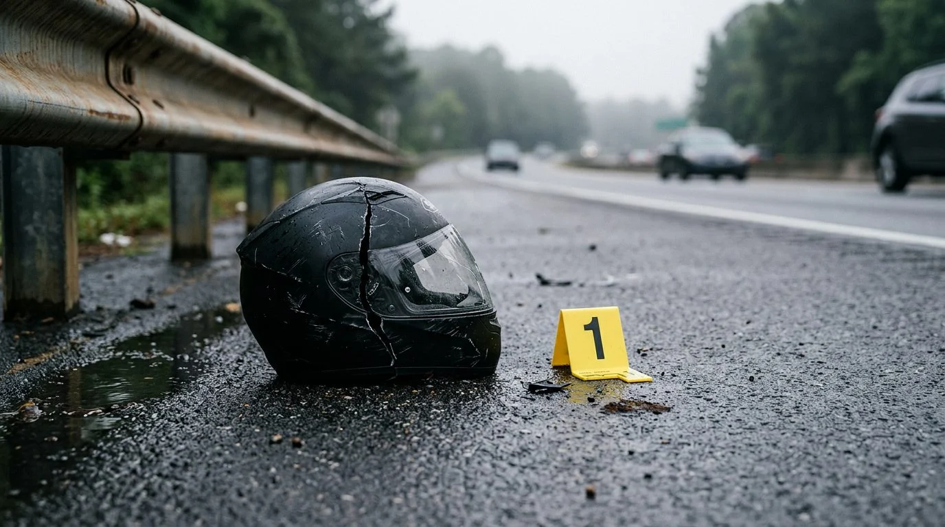 A cracked motorcycle helmet lies on a wet asphalt shoulder beside a guardrail, next to a yellow evidence marker in early morning light.