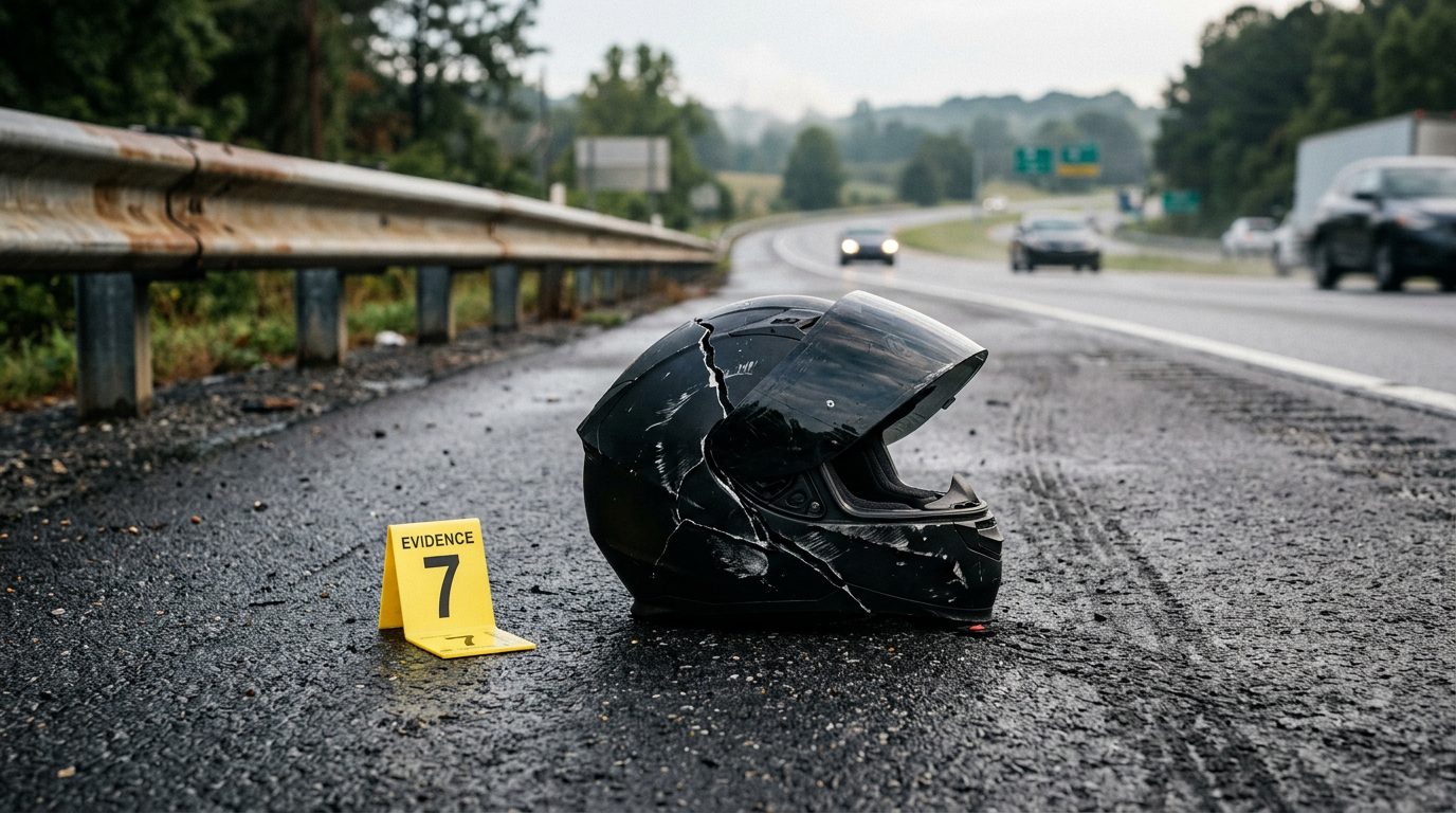 A cracked motorcycle helmet lies on a wet asphalt shoulder beside a guardrail, with a yellow evidence marker nearby in early morning light.