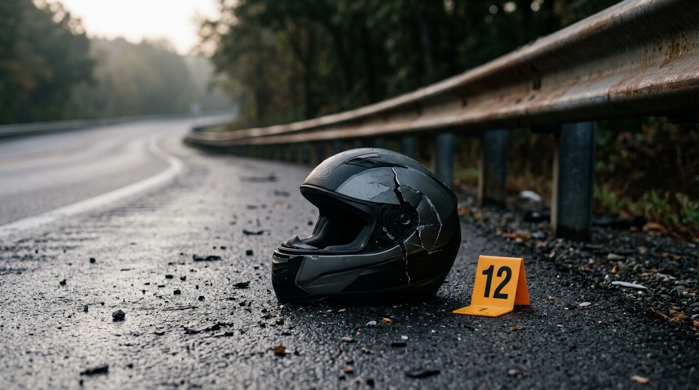 Un casco de motocicleta agrietado yace sobre el arcén mojado junto a una barandilla y un marcador amarillo de evidencia, con luz de primera hora de