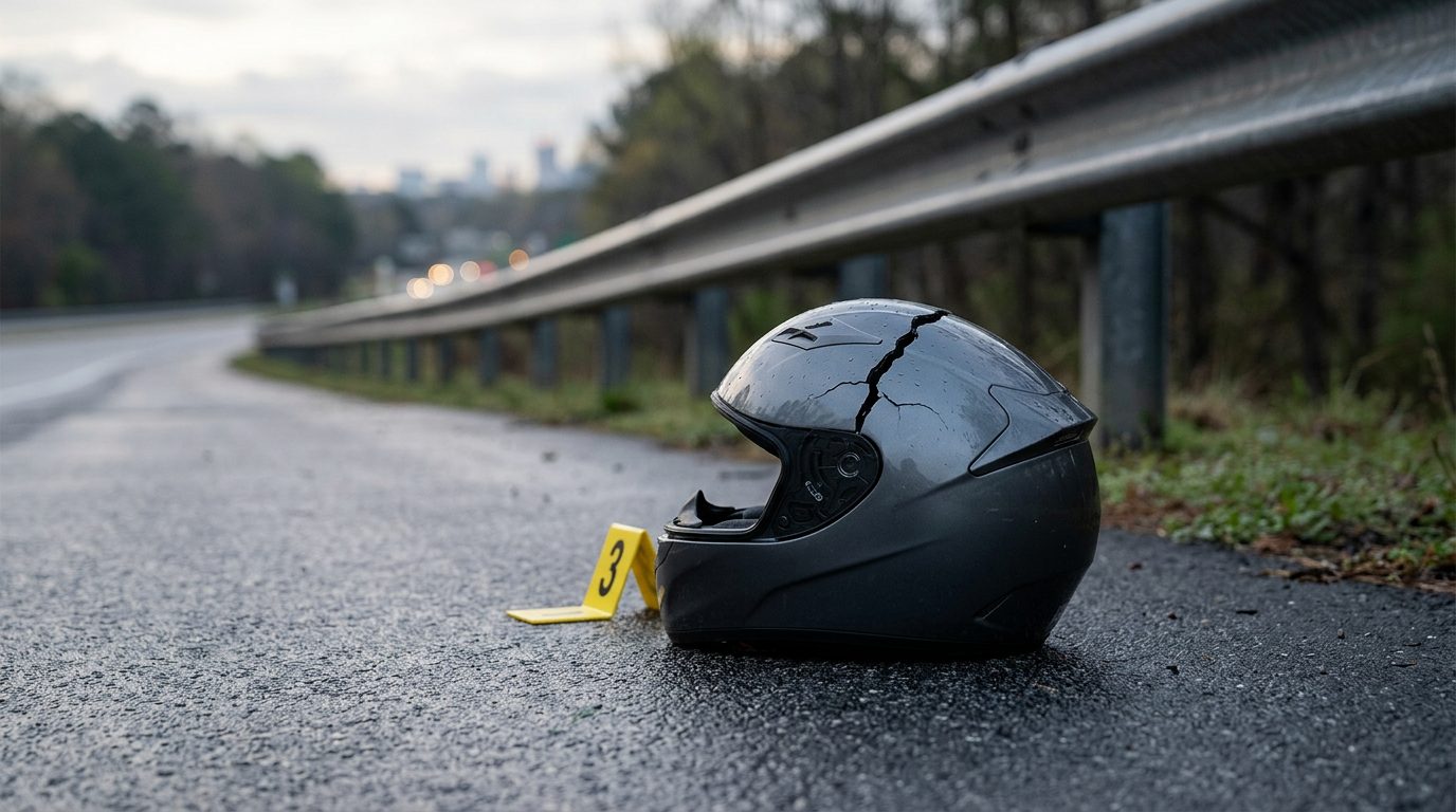 A cracked motorcycle helmet lies on a wet asphalt shoulder beside a guardrail, next to a yellow evidence marker in early morning light.