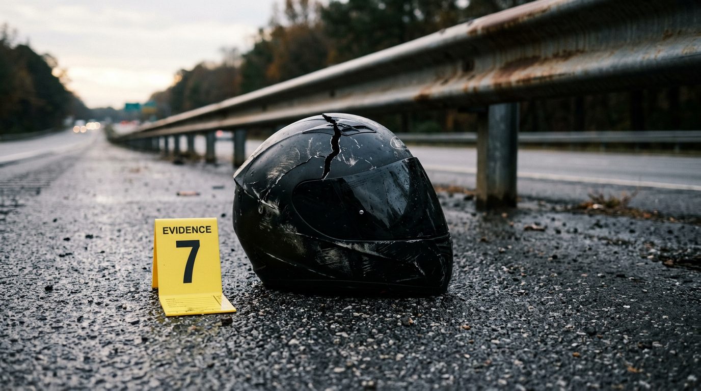 A cracked motorcycle helmet lies on a wet asphalt shoulder beside a guardrail, next to a yellow evidence marker in morning light.