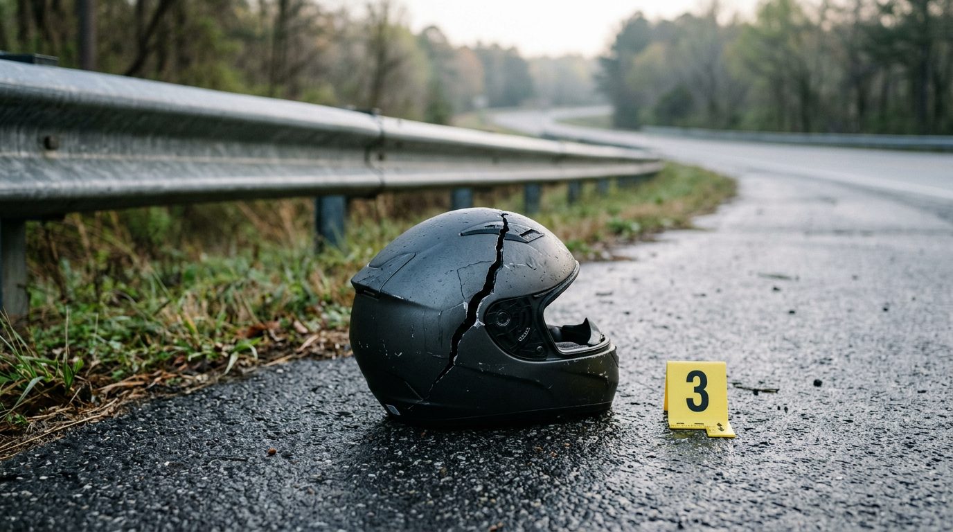A cracked motorcycle helmet lies on a wet asphalt shoulder beside a guardrail, next to a yellow evidence marker in early morning light.