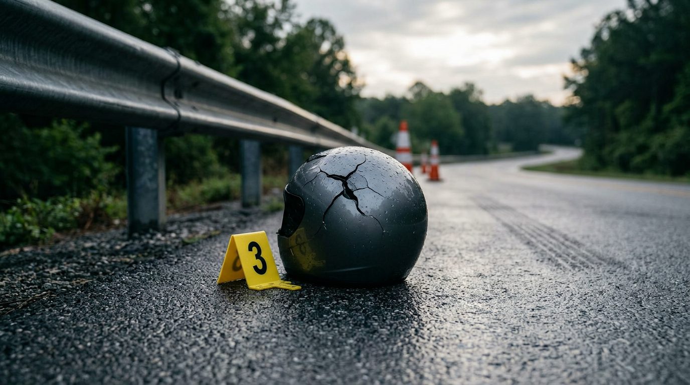 A cracked motorcycle helmet lies on a wet roadside shoulder beside a guardrail, next to a yellow evidence marker in early morning light.