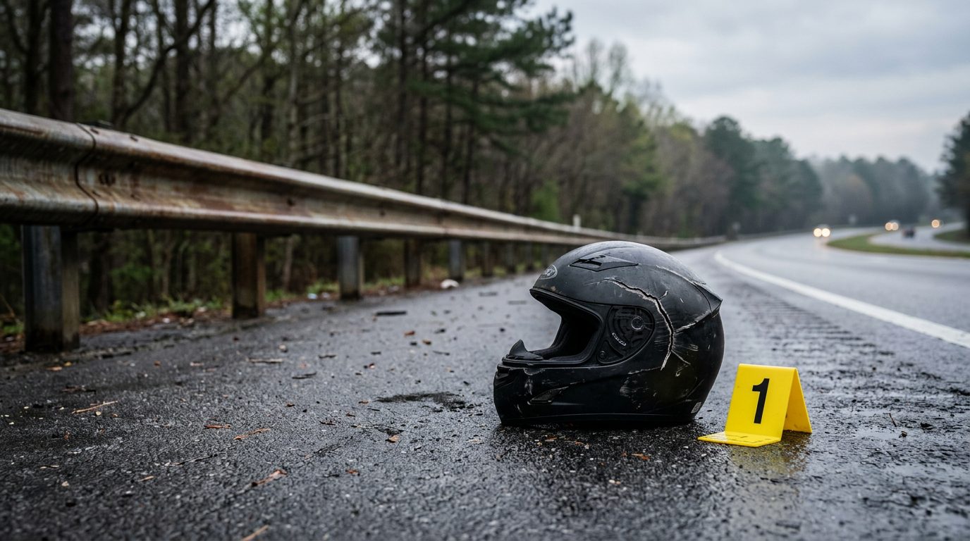 A cracked motorcycle helmet lies on wet asphalt beside a guardrail, next to a yellow evidence marker in early morning light.