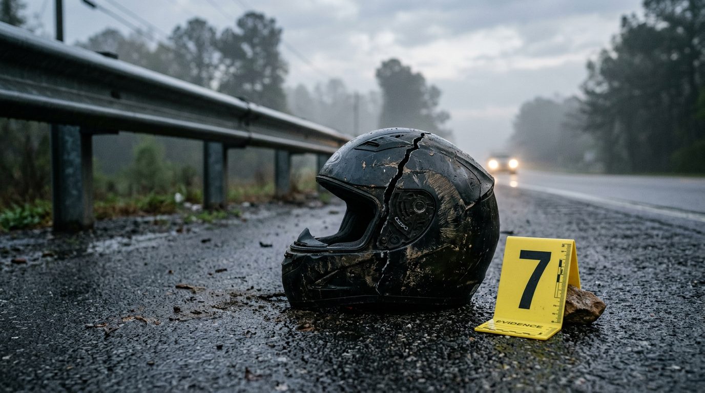 A cracked motorcycle helmet lies on wet asphalt beside a guardrail, next to a yellow evidence marker in early morning light.