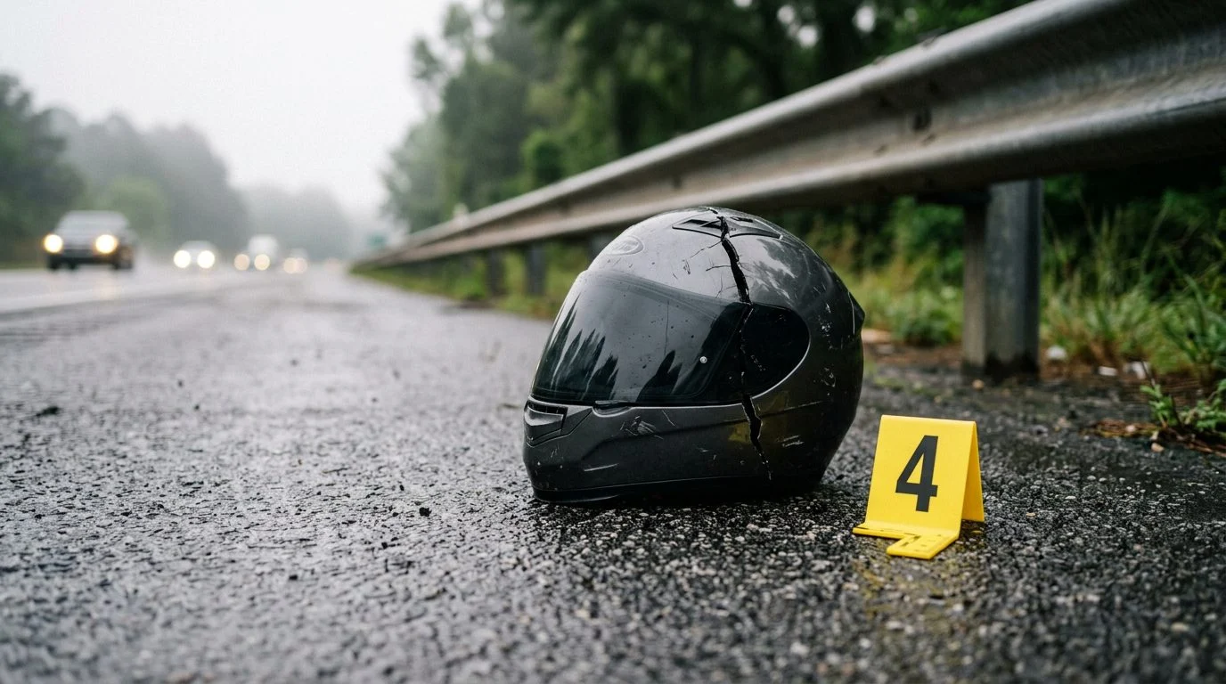 A cracked motorcycle helmet lies on wet asphalt beside a guardrail, next to a yellow evidence marker in early morning light.