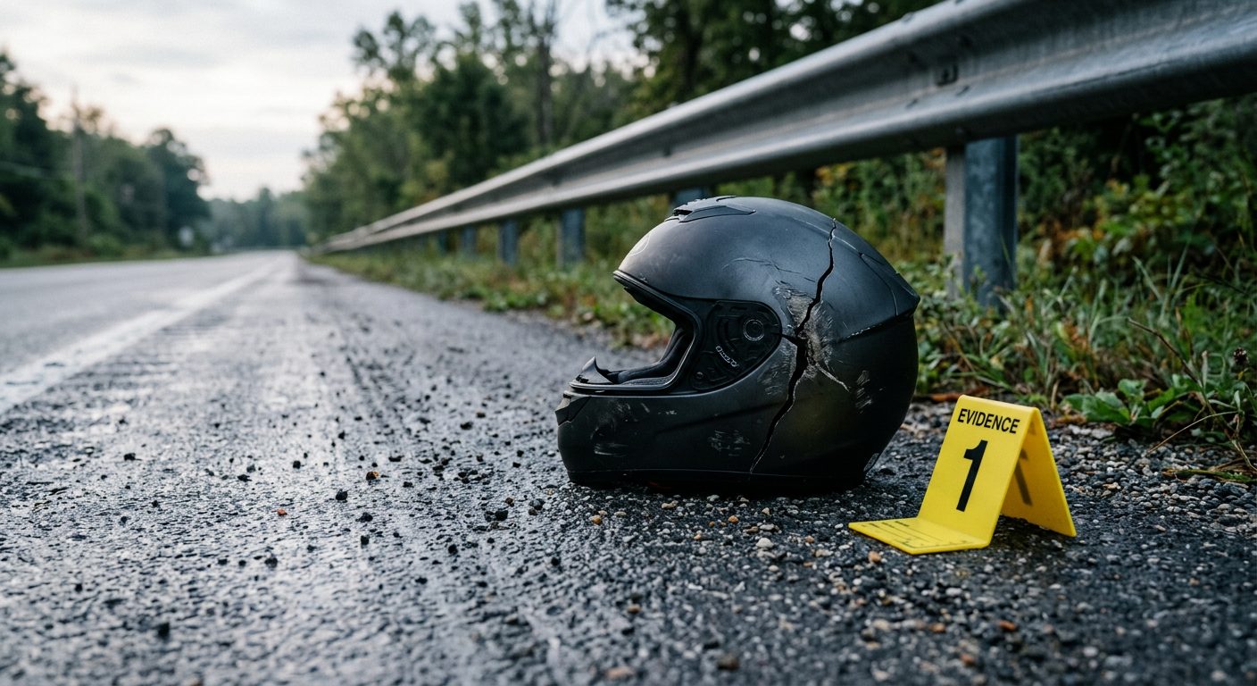 A cracked motorcycle helmet lies on wet asphalt beside a guardrail, next to a yellow evidence marker in early morning light.