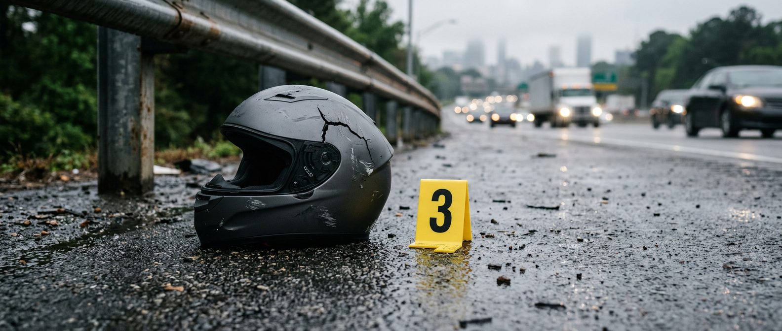 A cracked motorcycle helmet lies on wet asphalt beside a guardrail, next to a yellow evidence marker in early morning light.