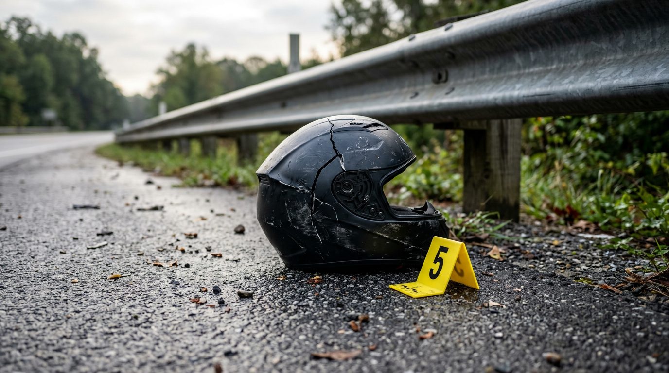 A cracked motorcycle helmet lies on wet asphalt beside a guardrail, with a yellow evidence marker nearby in early morning light.