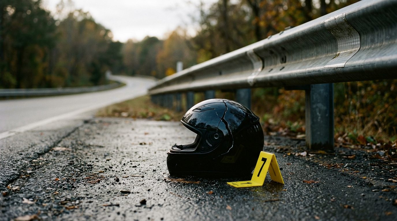 A cracked motorcycle helmet lies on wet asphalt beside a guardrail, with a yellow evidence marker nearby in early morning light.