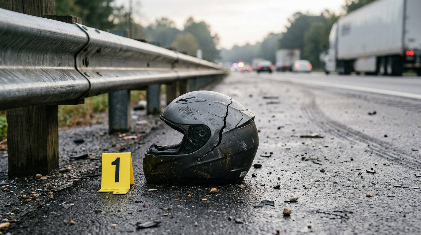 A cracked motorcycle helmet lies on wet asphalt beside a guardrail, next to a yellow evidence marker in early morning light.