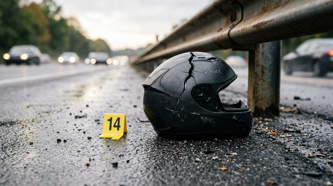 A cracked motorcycle helmet lies on wet asphalt beside a guardrail, with a yellow evidence marker nearby in early morning light.