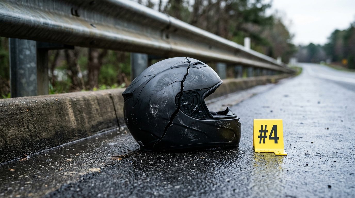 A cracked motorcycle helmet lies on wet asphalt beside a guardrail, next to a yellow evidence marker at dawn.