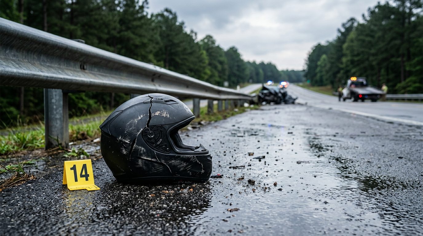 A cracked motorcycle helmet lying on wet asphalt beside a guardrail, with a yellow evidence marker nearby in early morning light.