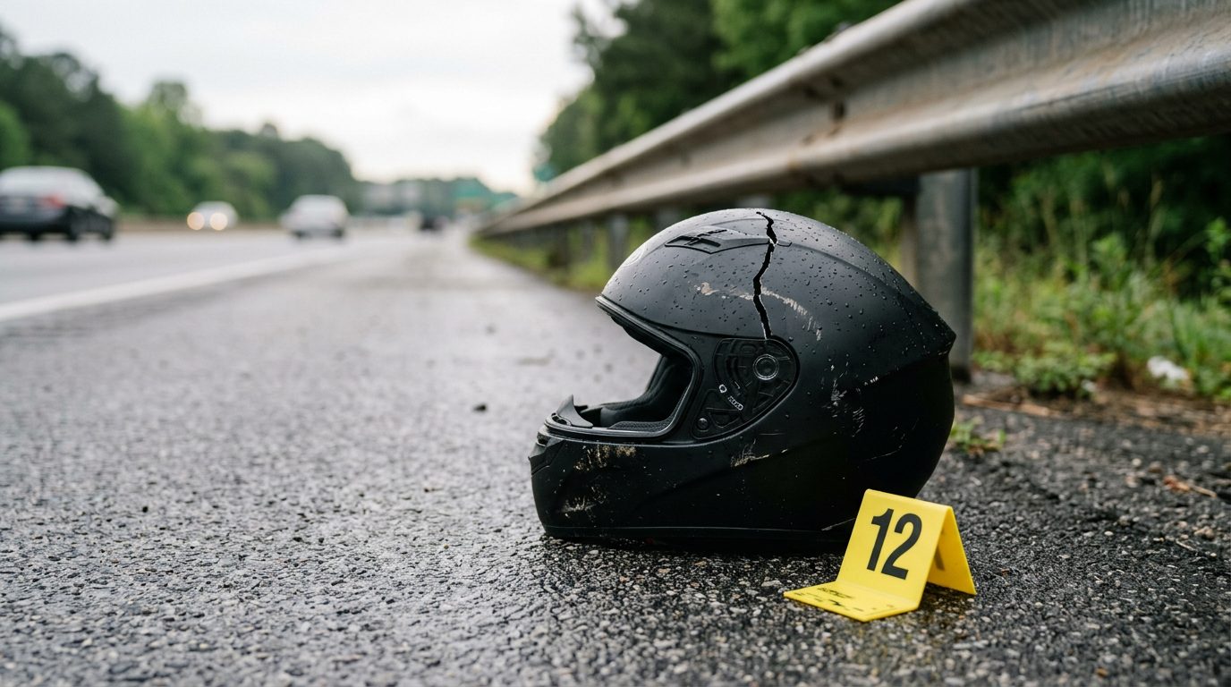 A cracked motorcycle helmet on a wet asphalt shoulder by a guardrail, beside a yellow evidence marker at dawn.
