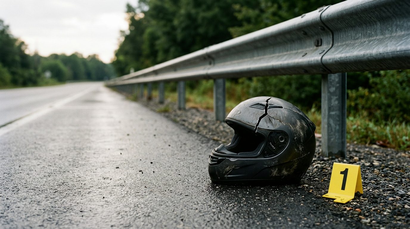A cracked motorcycle helmet rests on wet asphalt by a guardrail, next to a yellow evidence marker at dawn.