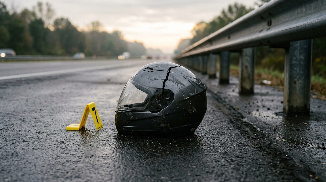 A cracked motorcycle helmet with a yellow evidence marker lies on a wet asphalt shoulder beside a guardrail at dawn.