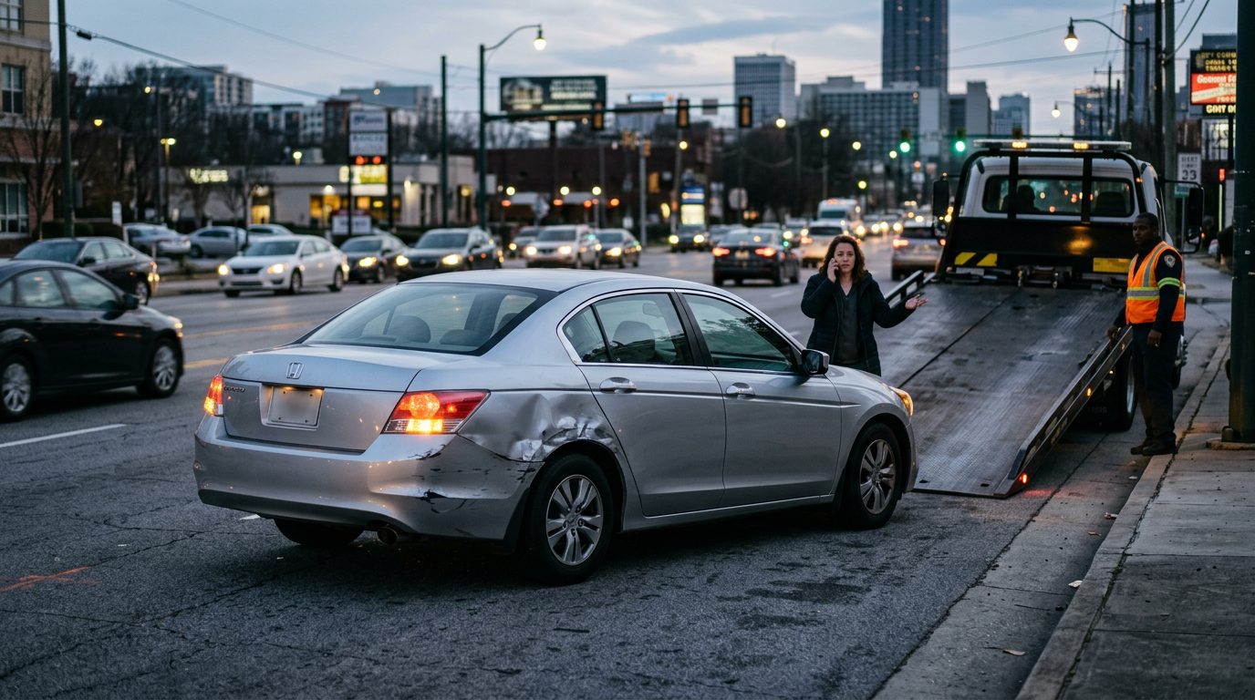 A dented silver sedan with blinking hazard lights sits on a city street shoulder at dusk as a tow truck waits nearby.