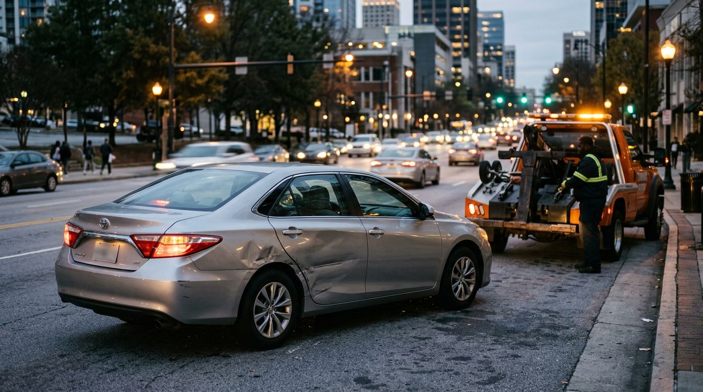 A dented silver sedan with blinking hazard lights sits on a city street shoulder at dusk, a tow truck waiting nearby.