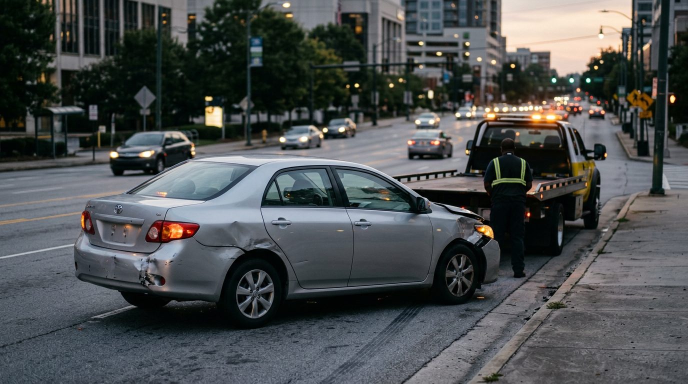 A dented silver sedan with blinking hazard lights sits on a city shoulder at dusk as a tow truck waits at the curb.