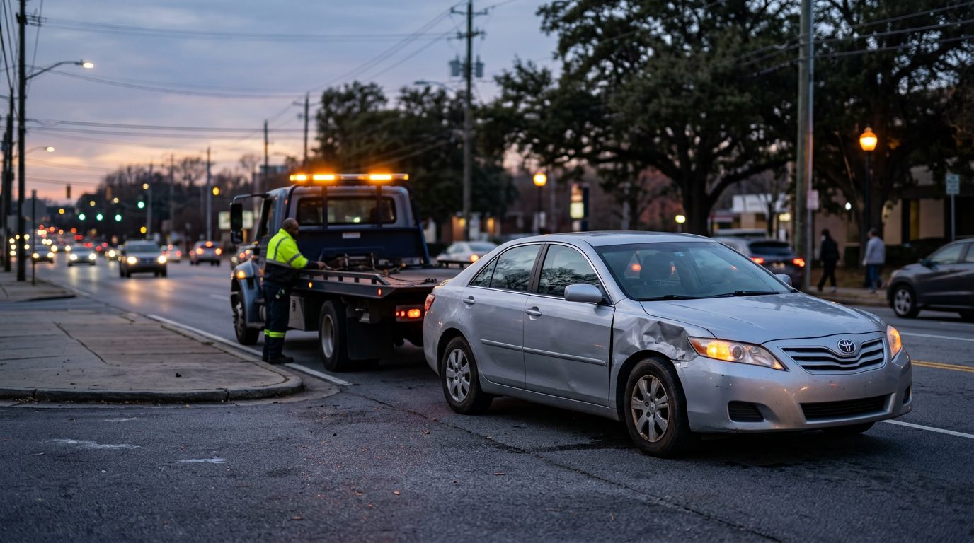 A dented silver sedan with blinking hazard lights sits on a city street shoulder at dusk, with a tow truck waiting at the curb.