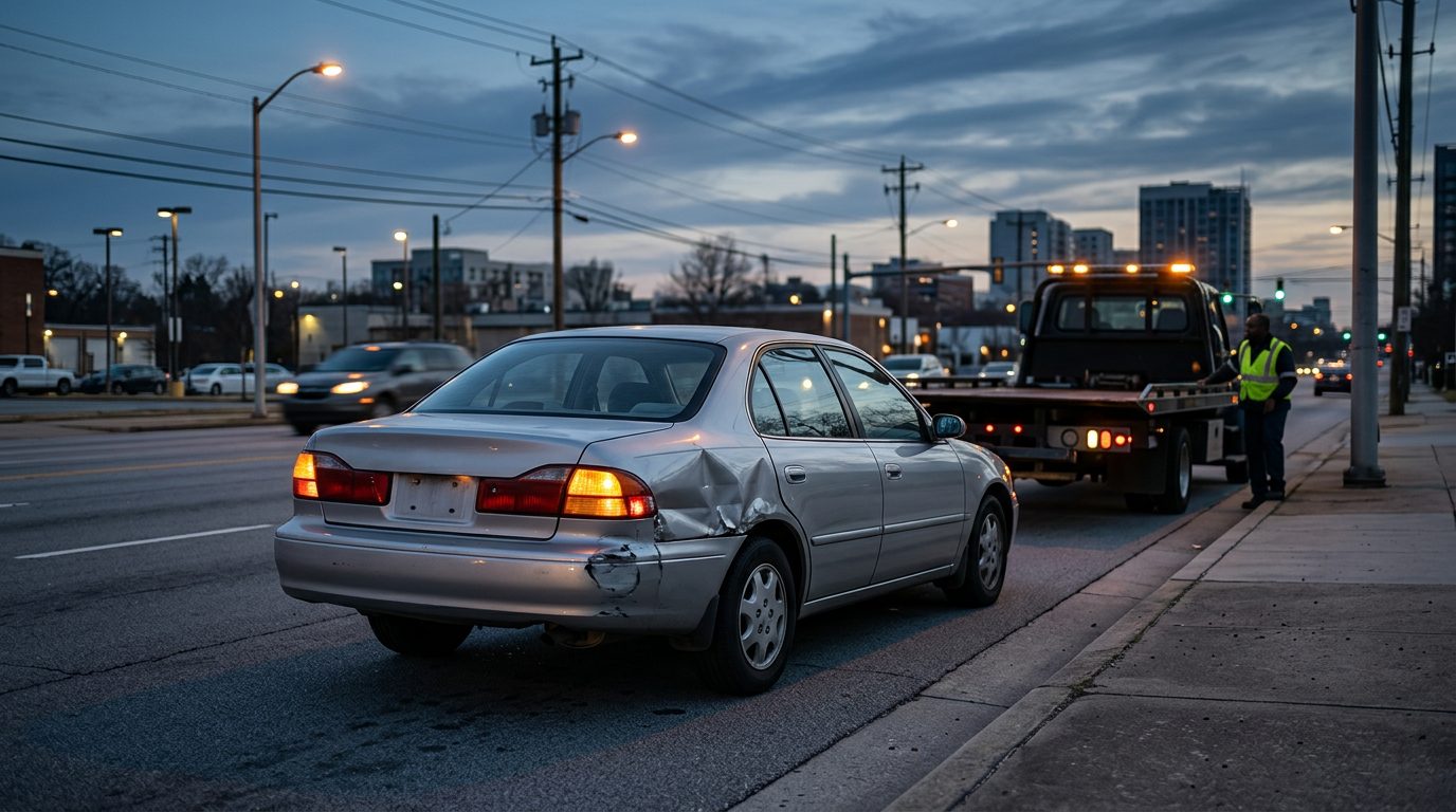 A dented silver sedan with blinking hazard lights sits on a city street shoulder at dusk as a tow truck waits nearby.