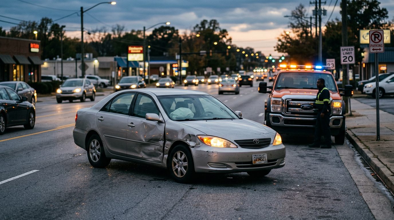 A dented silver sedan with blinking hazard lights sits on a city street shoulder at dusk as a tow truck waits nearby.