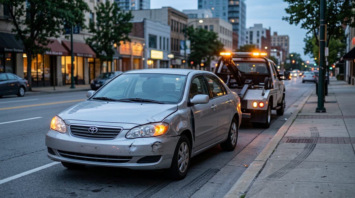 A dented silver sedan with blinking hazard lights sits on a city street shoulder at dusk, with a tow truck waiting at the curb.