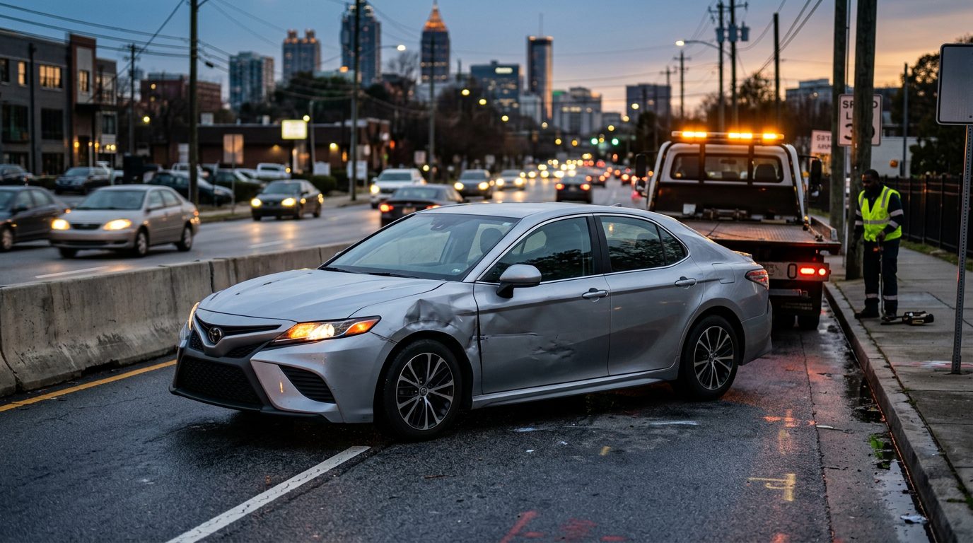 A dented silver sedan with blinking hazard lights sits on a city street shoulder at dusk as a tow truck waits nearby.