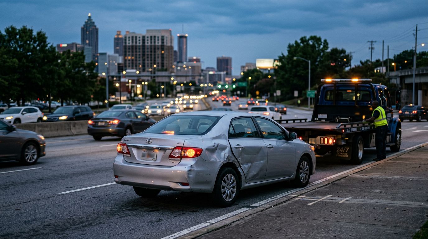 A dented silver sedan with blinking hazard lights sits on a city street shoulder at dusk, with a tow truck waiting nearby.