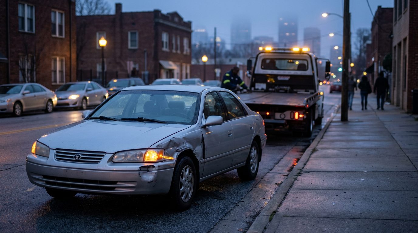 A dented silver sedan with blinking hazard lights sits on the shoulder of a city street at dusk, with a tow truck waiting at the curb.