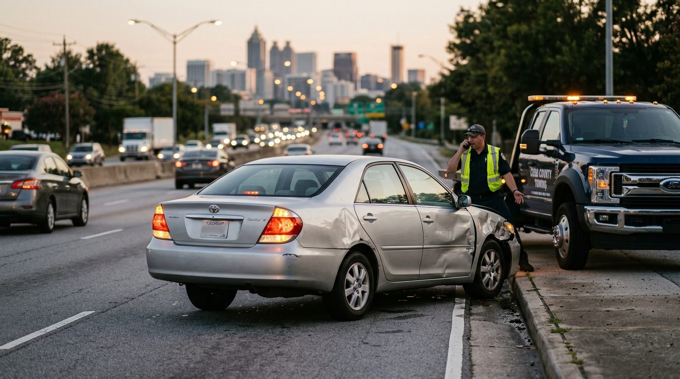 A dented silver sedan with blinking hazard lights waits on a city street shoulder at dusk as a tow truck stands by.